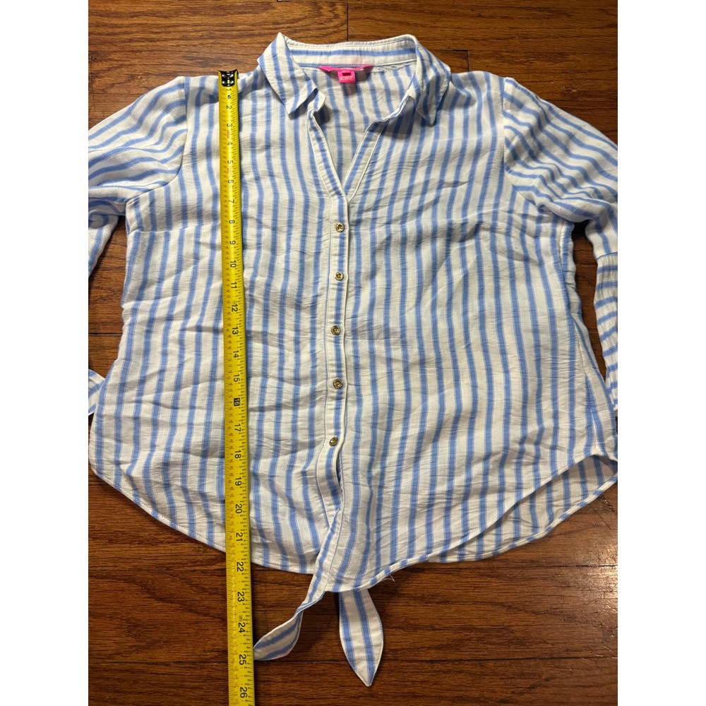 Lilly Pulitzer Blue White Striped Bell Sleeve Tie Front Button Down Top M - Picture 5 of 6